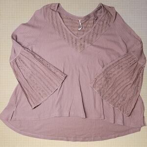 Free People Small Boho Bell Sleeve Lace Trim V-Neck Top Mauve Pink Waffle Knit
